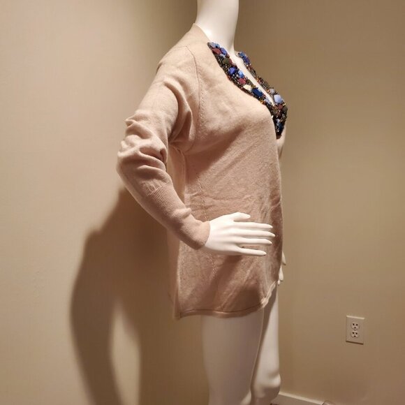 Tibi Jeweled Neck Cashmere Blend Sweater Tan L - Picture 5 of 6
